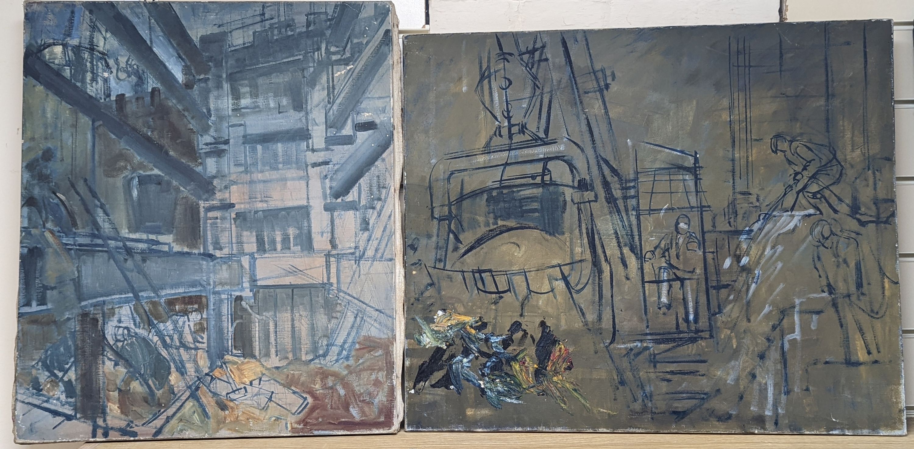 Henry James Neave (1911-1971), two unfinished oil on canvas sketches, Harbour scene and Construction workers, 51 x 61cm and 55 x 46cm, both unframed